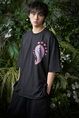 ペイズリー柄カットアウト 1/2 Tシャツ (Black)