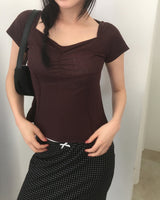 Shoker see-through Shirring Short Sleeve T-Shirt
