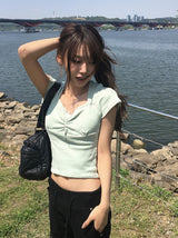 26SS★ [MADE/more BASIC] シスンパンチングハートネックシャーリングキャップスリーブ半袖Tシャツ