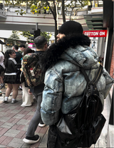 Carrot washed denim embroidered padded coat + black fur