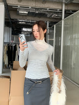 マインドVネックストライプ長袖スパンTシャツ