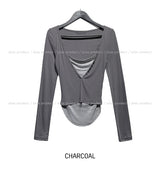 Ash Ribbed Deep Button Layered Long Sleeves