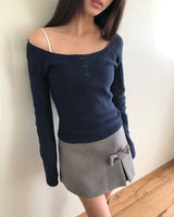 アストUネックボタンリブTシャツ