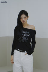 ワイドネックレタリングノーマルフィット長袖Tシャツ