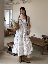 Blue Flower Cotton Sleeveless Long Dress