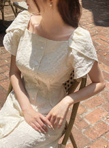 26SS★ Ruckbell Square Neck Embroidered Tulip Pintuck Long One Piece