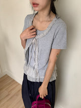 Pokapo Frill Layered Ribbed Short Sleeve Cardigan