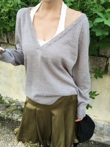 Cream Deep V-Neck Button Loose-Fit Knit (5c)