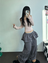 フリースピカブル❤リボンカンカンブーツカットワイド2スタイルパンツ🖤🩶🤎💛5カラー