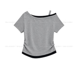 Steen Wood Button Layered One-Shoulder Short Sleeve