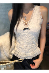 ベストレースVネックフリルスリーブレスTシャツ