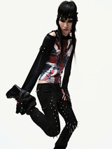 "CZ SPIKE STUDDED SKINNY BLACK JEANS "