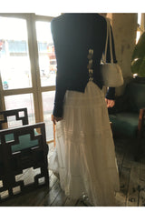 バックホワイトボウロングスリーブニットTシャツ