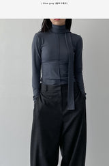 [Brushed Lining] Tie Pintuck Turtleneck T-Shirt