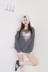 Rose Angel Oversized-fit Off-Shoulder Long Sleeve T-shirt