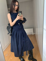 Navy Pleats Wrap Long Sleeveless Dress