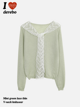 Mint green lace thin V-neck knitwear