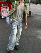 No.1771 sway check roll-up half SHIRT (3color)
