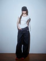 Meow Summer draping shrring Boat neck Top