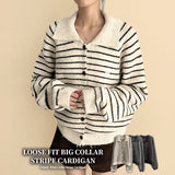 Metal logo big collar stripe knit cardigan