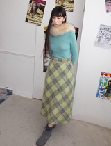 Contrast color tweed check retro high-waisted A-line skirt