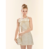 [GirlyFancyClub] Elegant Girl Bowknot Short Skirt Milk Apricot Slim Fit Cold Shoulder Embroidered Lace Dress