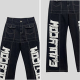 Monster Lettering Stitch Wide Denim Pants