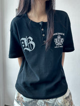 バーシュワッフルヘンリーネックレターグラフィックTシャツ 3カラー