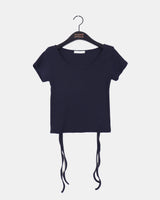 Desa Back Slit Ribbon V-Neck Short Sleeve T-Shirt