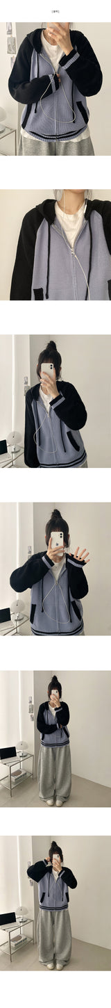 Neck Color Matching Raglan Line Knit Hood Zip-Up