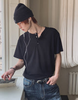 Nebi Shoulder Snap Henley Neck Short Sleeve T-shirt