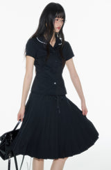 Black round neck lace trimmed waist cinched shirt