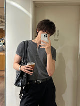 LMN ジッパーヘンリーネックVネック半袖ニット (4 colors)