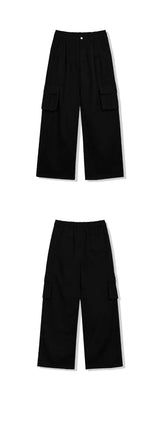 カーゴ ドローストリング ワイド コットン パンツ (black)