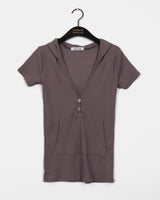 [SHORT SLEEVE/MADE] Tibot Vintage Button V-Neck Ribbed Hooded Sweatshirt