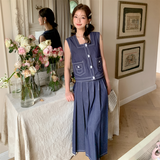 Camogli denim pleated long flare skirt