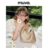 muva. カジュアル ビーズ ミニ ハンドトート ウーブン ハンドバッグ サマー バッグ