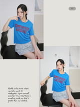 Blue Red Lettering Round Short-Sleeved Knitwear