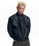 High Neck Leather Crop Jacket - Black