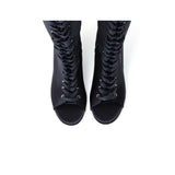 サテンレースアップオープントゥブーツヒール (Black)