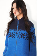 Half-high collar warm and retro jacquard zippered cardigan sweater