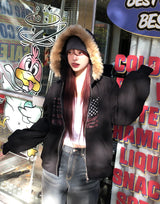 America Dirty Printing Brushed Fur Hood Zip-Up