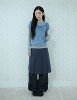 BUTTON DOUBLE PLEATED MIDI SKIRT(NAVY)