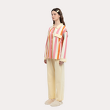 Vibrant Orange Contrast Striped Long Sleeve Pajama Set - 95% Cotton Cozy Sleepwear