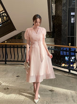 Hanin V-neck Chiffon Tie Short Sleeve Long One Piece