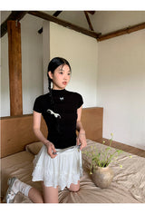 ハーフタートルネックブラックリボンショートスリーブtシャツ