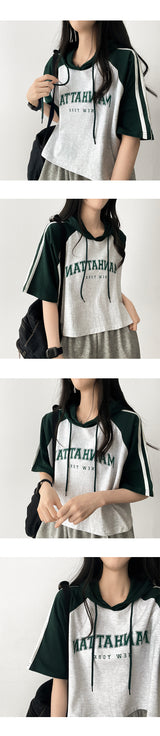 Showy Color Raglan Short Sleeve Hoodie