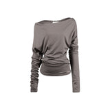 Drape Shoulder Top [Brown]