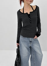 [MADE] Hiko Layered Stripe Halter Henley Neck Long Sleeve T-shirt