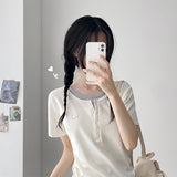 Loose Slim Fit 💫 Coloring Layered U-Neck Shirring Button Daily T-Shirt (6 colors)